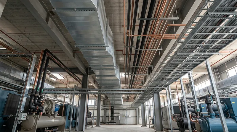 MEP plant room with HVAC ductwork, chillers, copper piping and cable trays in a Jubail commercial complex