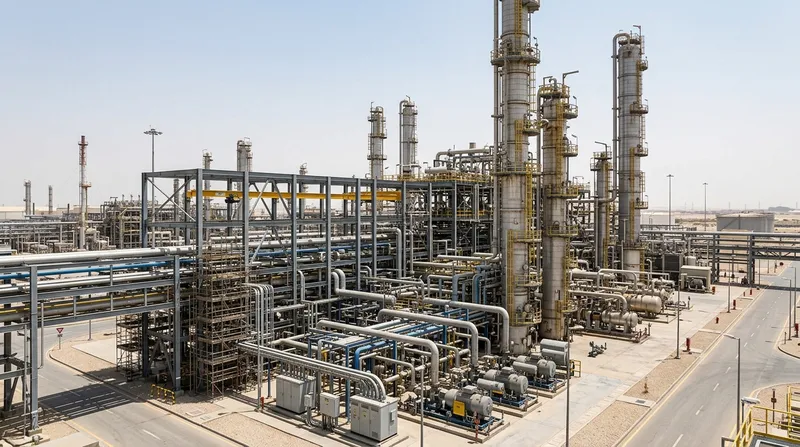 Petrochemical refinery aerial view showing complex pipe racks, distillation columns and structural steel framing