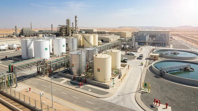 Aerial view of waste treatment facility with large storage tanks, piping and treatment basins in the Saudi desert
