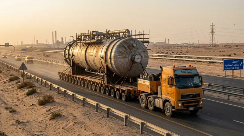 Heavy abnormal load transport truck carrying a large industrial vessel on a multi-axle trailer on Jubail highway